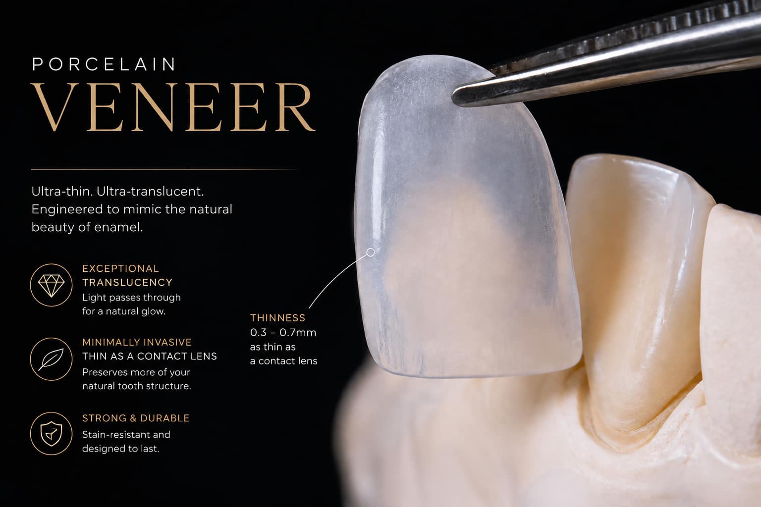 Illustration of a thin translucent veneer held with tweezers beside a tooth, showing conservative veneer design