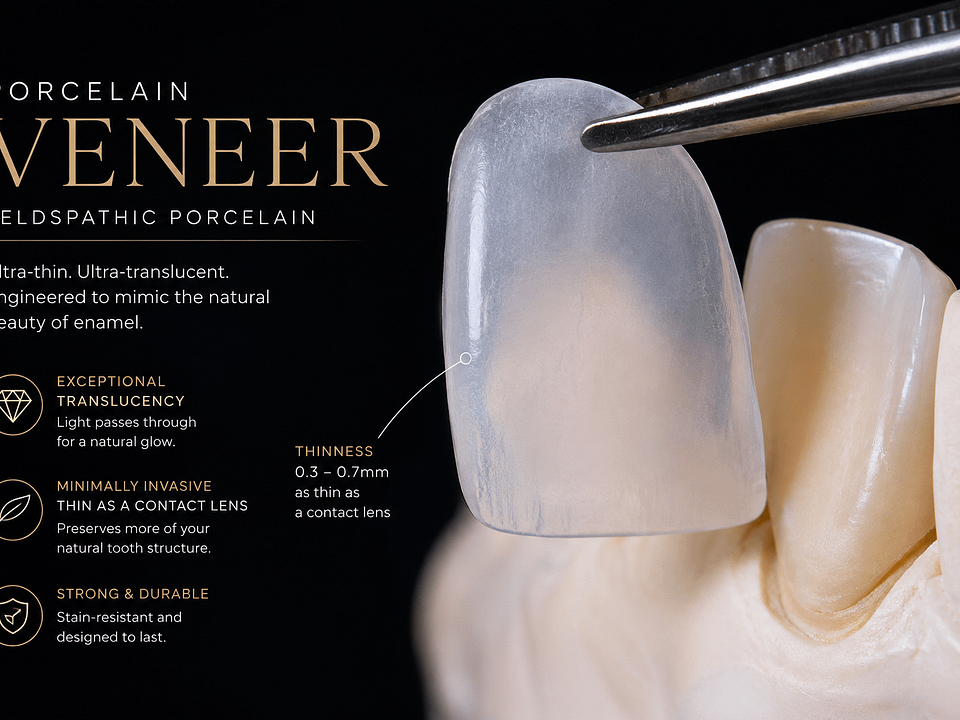 Thin translucent porcelain veneer held with tweezers beside natural teeth