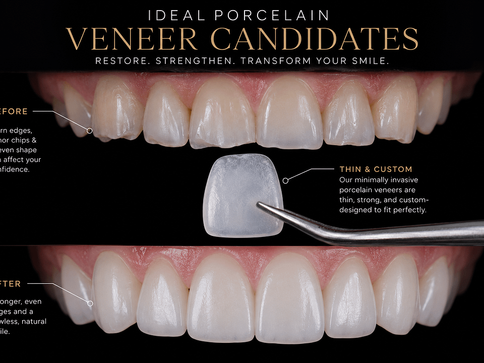 Illustration of teeth before and after veneers for the porcelain veneer candidates guide